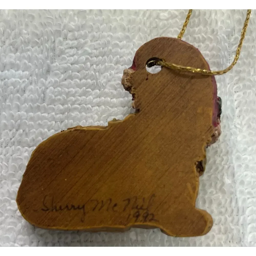 Sherry McNeil Signed Christmas Ornament Lot of 2 Teddy Bear & Cat 90s  Folk Art